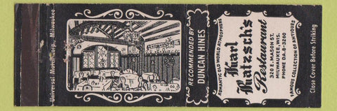 Matchbook Cover - Karl Ratzsch's Restaurant Milwaukee WI