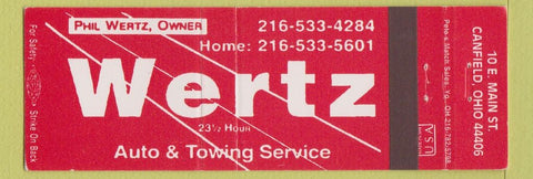 Matchbook Cover - Wertz Auto Towing Canfield OH
