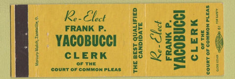 Matchbook Cover - Frank P Yacobucci Clerk of Common Courts Summit County OH