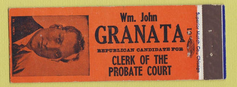 Matchbook Cover - Wm John Granata Republican Clerk of Probate Court