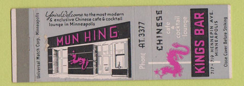 Matchbook Cover - Mun Hing Chinese Restaurant Kings Bar Minneapolis MN