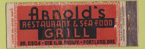 Matchbook Cover - Arnold's Restaurant Grill Portland OR ADVANCE WORN CREASES