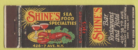 Matchbook Cover - Shine's Restaurant New York City lobster FEDERAL LONG