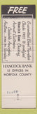 Matchbook Cover - Hancock Bank Norfolk County