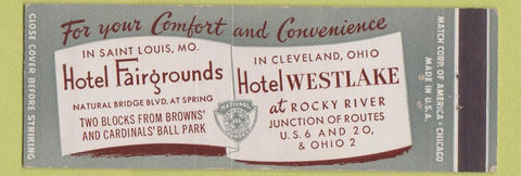 Matchbook Cover - Hotel Westlake Cleveland OH Fairgrounds ST Louis MO