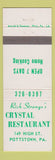 Matchbook Cover - Rich Strange's Crystal Restaurant Pottstown PA