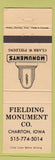 Matchbook Cover - Fielding Monument Company Chariton IA headstone funeral