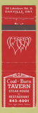 Matchbook Cover - Coal Burn Tavern Steak House Oakville ON