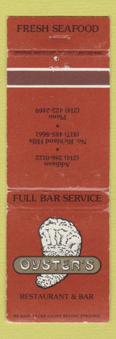 Matchbook Cover - Oyster's Restaurant Addison Plano North Richland Hills TX
