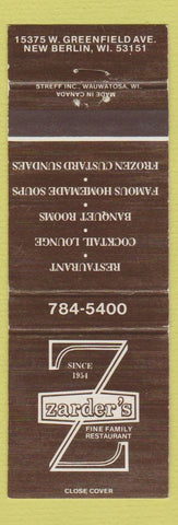 Matchbook Cover - Zarder's Restaurant New Berlin WI