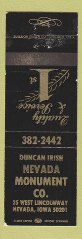Matchbook Cover - Duncan Irish Nevada Monument IA headstones WEAR