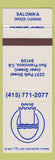 Matchbook Cover - Salonika Greek Restaurant San Francisco CA