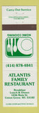 Matchbook Cover - Atlantis Family Restaurant Union Grove WI
