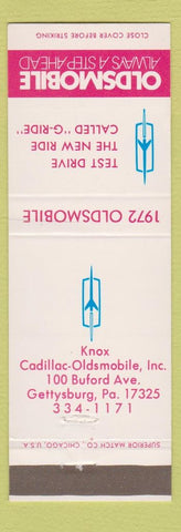 Matchbook Cover - 1972 Oldsmobile Knox Cadillac Gettysburg PA