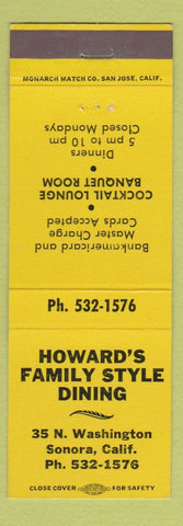 Matchbook Cover - Howard's Restaurant Sonora CA yellow