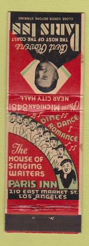 Matchbook Cover - Paris Inn Singing Waiters Los Angeles CA WEAR