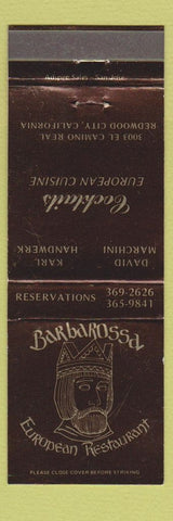 Matchbook Cover - Barbarossa European Restaurant Redwood City CA
