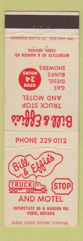Matchbook Cover - Bill and Effie's Truck Stop Motel Verdi NV
