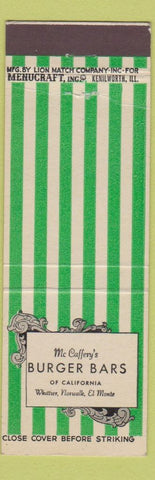 Matchbook Cover - McCaffrey's Burger Bars Whittier Norwalk El Monte CA