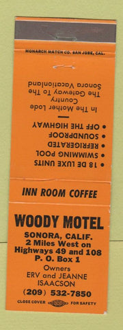 Matchbook Cover - Woody Motel Sonora CA orange