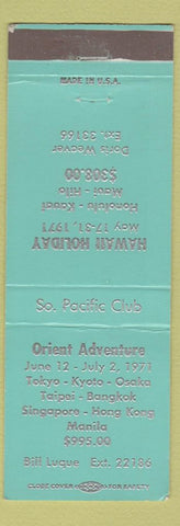 Matchbook Cover - Orident Adventur Hawaii Holiday Travel South Pacific Club 1971