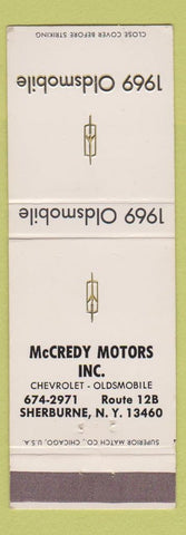 Matchbook Cover - 1969 Oldsmobile McCredy Motors Chevrolet Sherburne NY