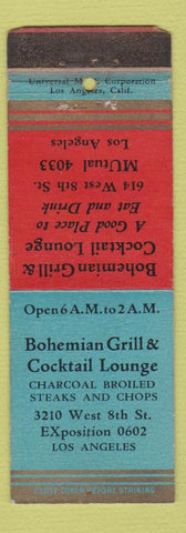 Matchbook Cover - Bohemian Grill Los Angeles CA WORN STRIKER