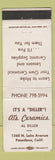 Matchbook Cover - Al's Ceramics Pasadena CA