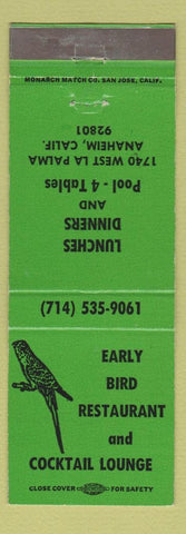 Matchbook Cover - Early Bird Restaurant Parrot billiards Anaheim CA GREEN