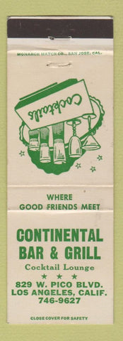 Matchbook Cover - Continental Bar Grill Los Angeles CA