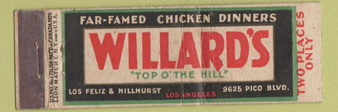 Matchbook Cover - Willard's Chicken Dinners Los Angeles CA Lion Canada 1929 WEAR