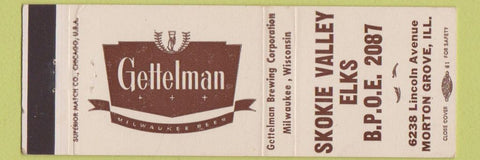 Matchbook Cover - Skokie Valley Elks Club Morton Grove IL Gettelman Beer