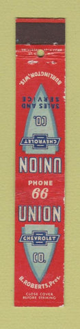Matchbook Cover - Union Cheverolet Burlington WI low phone # 10 Strike