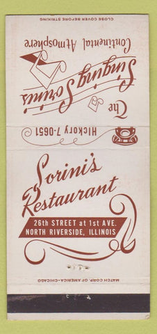 Matchbook Cover - Singing Sorinis Restaurant North Riverside IL 30 Strike