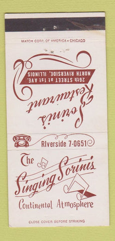 Matchbook Cover - Singing Sorinis Restaurant North Riverside IL 30 Strike