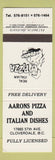 Matchbook Cover - Aarons Pizza Italian Cloverdale BC