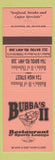 Matchbook Cover - Bubba's II Restaurant Houma Thibodaux LA