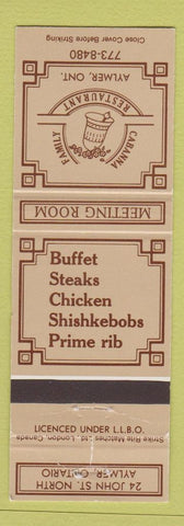 Matchbook Cover - Cabanna Family Restaurant Aylmer ON