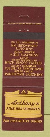 Matchbook Cover - Anthony's Restaurants Lynn Boston Marblehead MA
