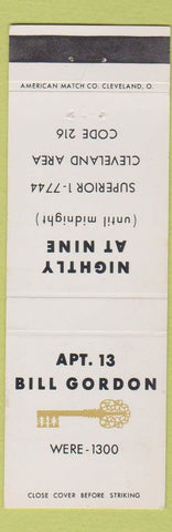 Matchbook Cover - Apt 13 Bill Gordon Cleveland OH
