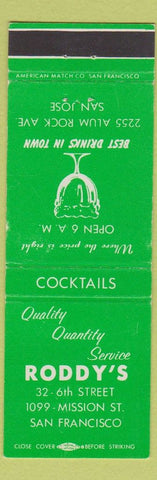 Matchbook Cover - Roddy's San Francisco CA San Jose