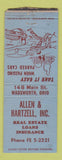 Matchbook Cover - Allen and Hartzell Real Estate Insurance Wadsworth OH BOBTAIL