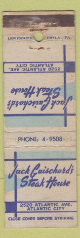 Matchbook Cover - Jack Cuischard's Steak House Atlantic City NJ WORN