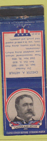 Matchbook Cover - 1930s Diamond Presidents Chester A Arthur WORN