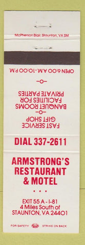 Matchbook Cover - Armstrong's Restaurant Motel Staunton VA