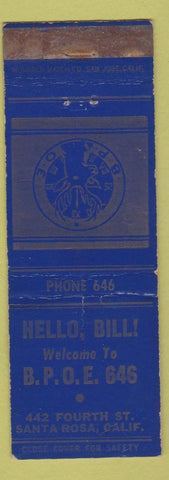 Matchbook Cover - Elks Club Santa Rosa CA WEAR low phone #