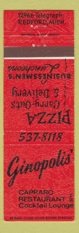 Matchbook Cover - Ginopolis' Italian Restaurant Pizza Redford MI
