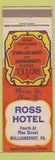 Matchbook Cover - Ross Hotel Williamsport PA