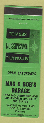 Matchbook Cover - Mac and Bob's Garage Los Angeles CA