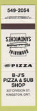 Matchbook Cover - BJ's Pizza and Subs Kingston ON